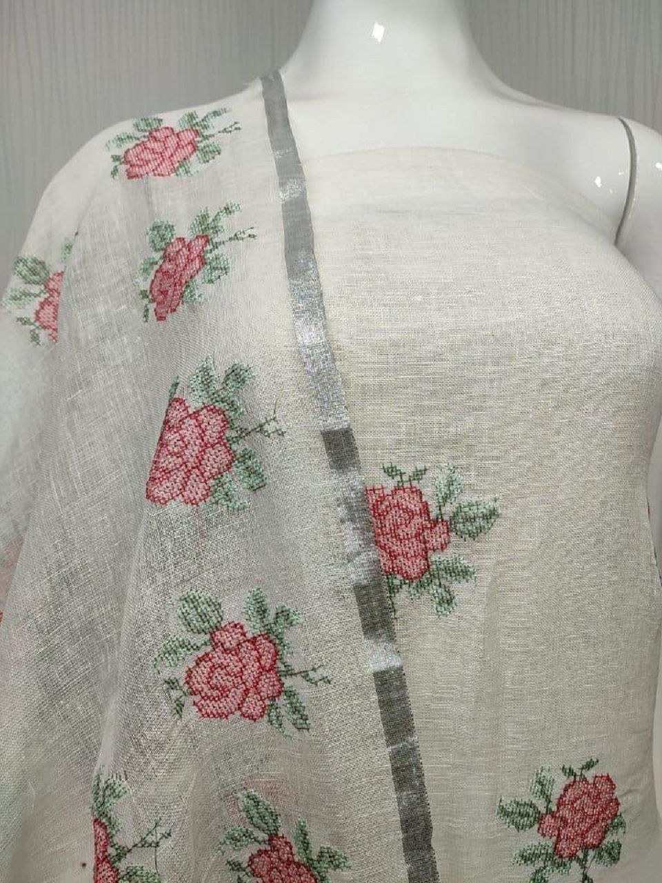 Mesmerizing White Floral Embroidery Linen Cotton Dress Material1