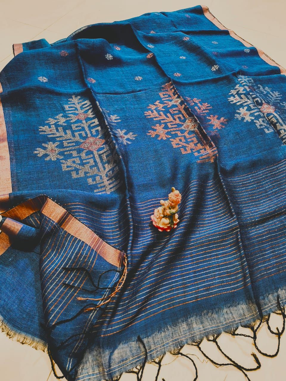 Peacock Blue Handwoven Linen Saree with Mandala Design Pattern