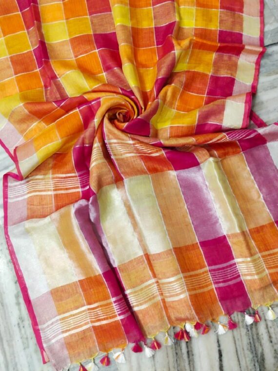 Pink Orange Multi Color Check Design Linen Saree