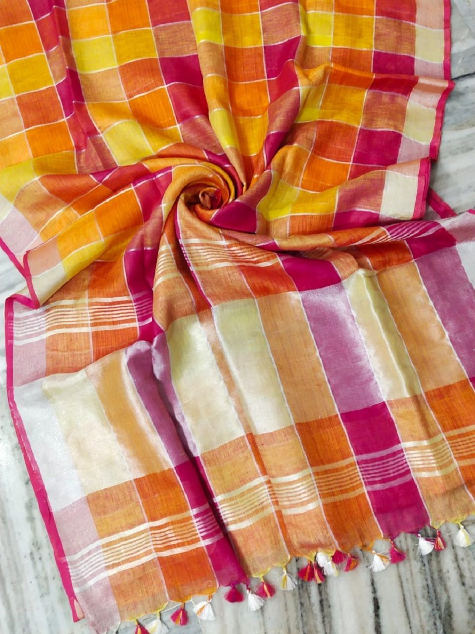 Pink Orange Multi Color Check Design Linen Saree