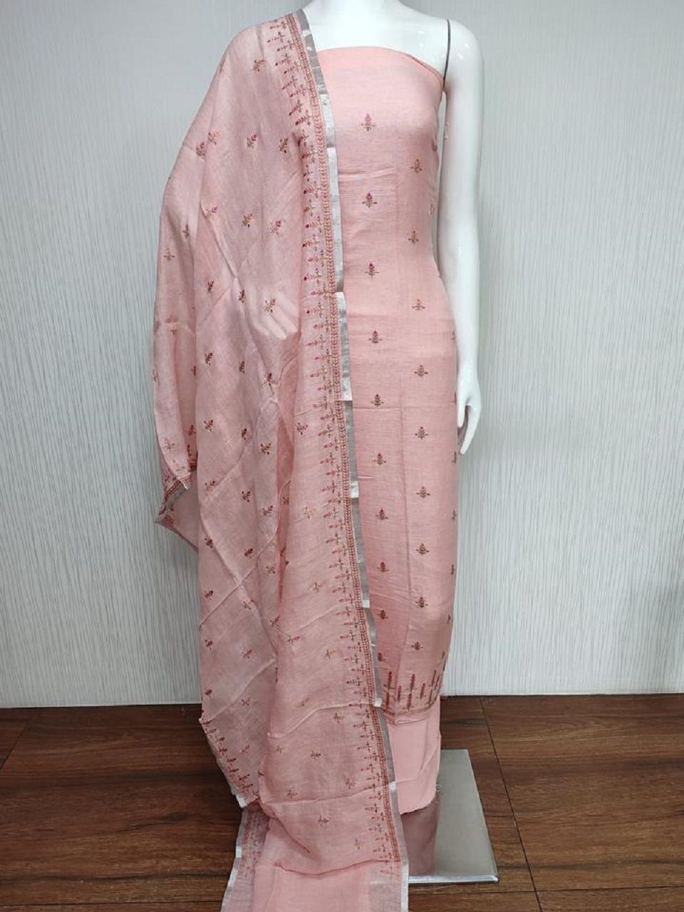 Pretty Peach Pink Embroidery Linen Cotton Dress Material