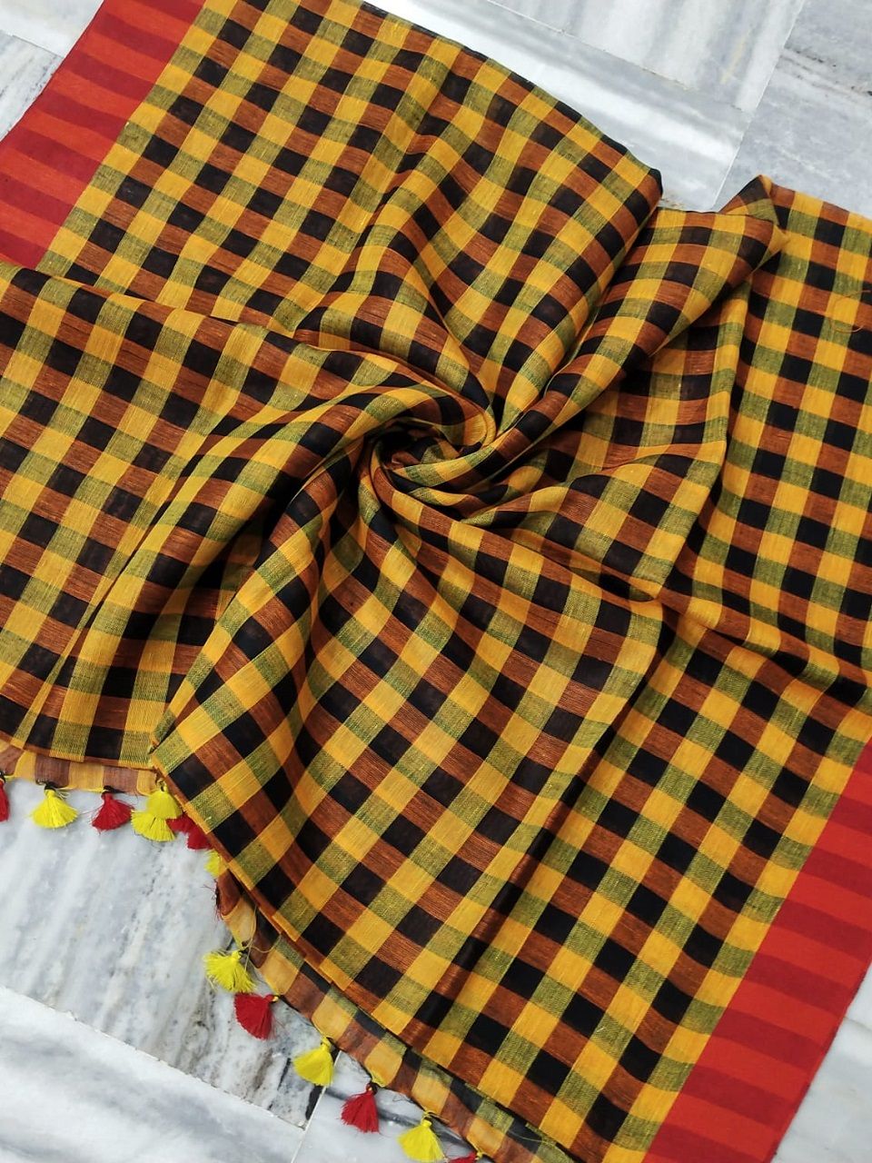 Reddish Yellow Black Check Design Linen Saree With Red Borders