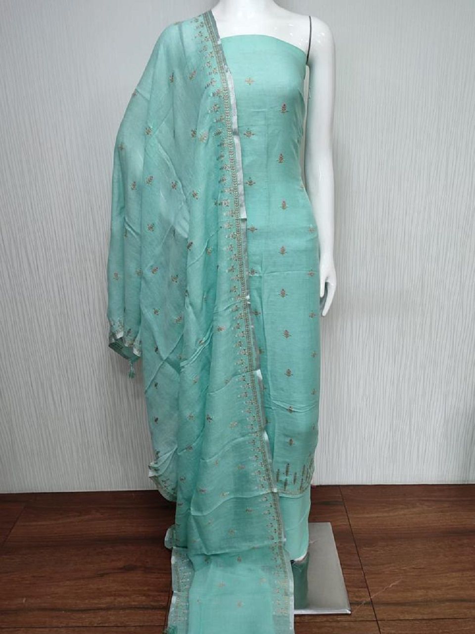 Rich Looking Sea Green Embroidery Linen Cotton Dress Material