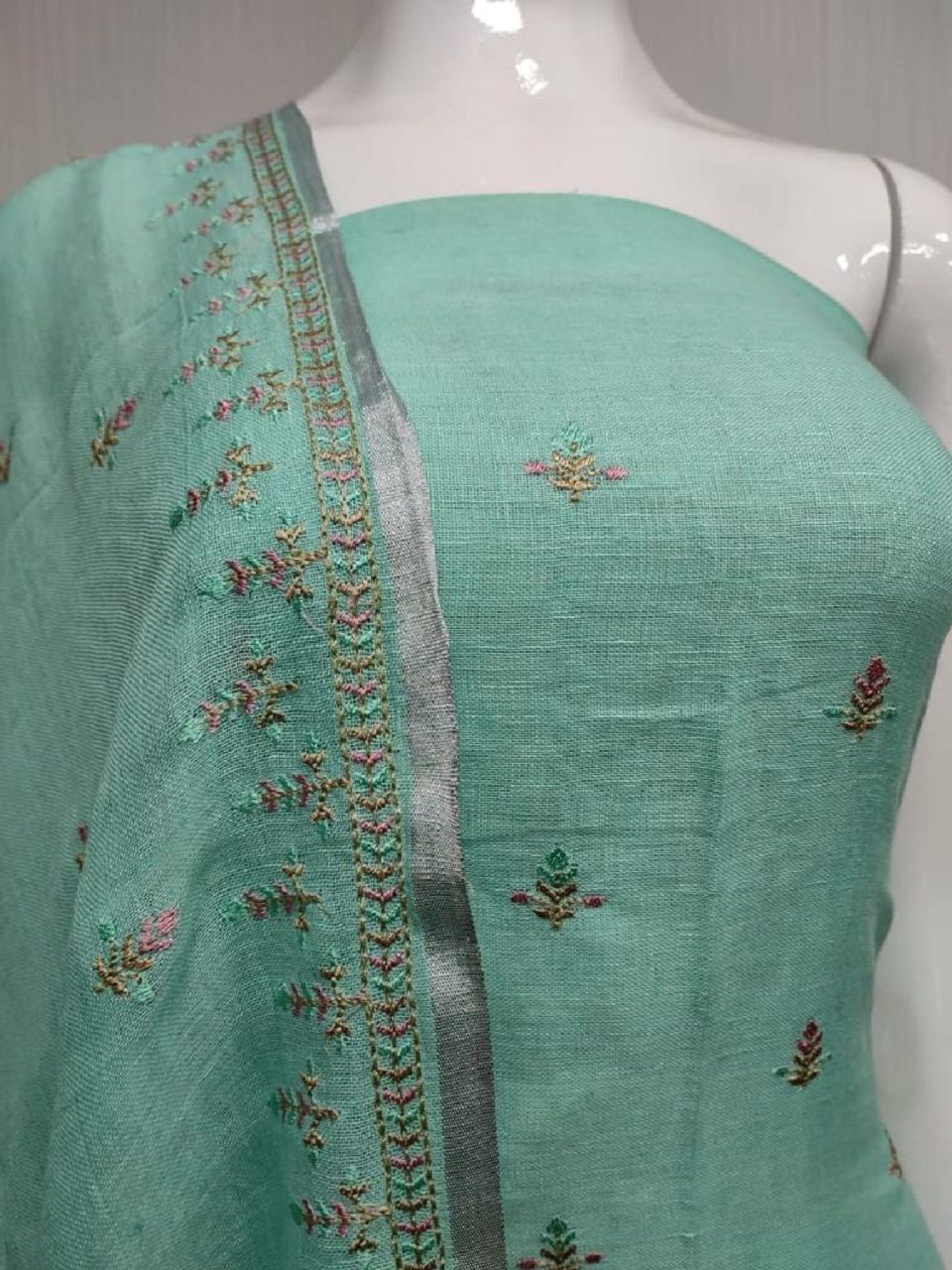 Rich Looking Sea Green Embroidery Linen Cotton Dress Material1