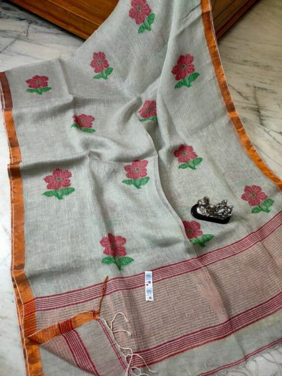 Sage Green Floral Design Handwoven Linen Saree with Stripped Pallu