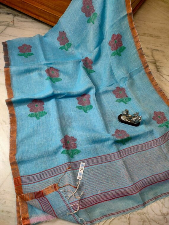 Sky Blue Floral Design Handwoven Linen Saree with Stripped Pallu