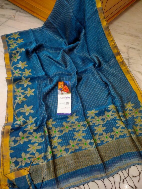 Tute Blue Handwoven Linen Jamdani Check Floral Design