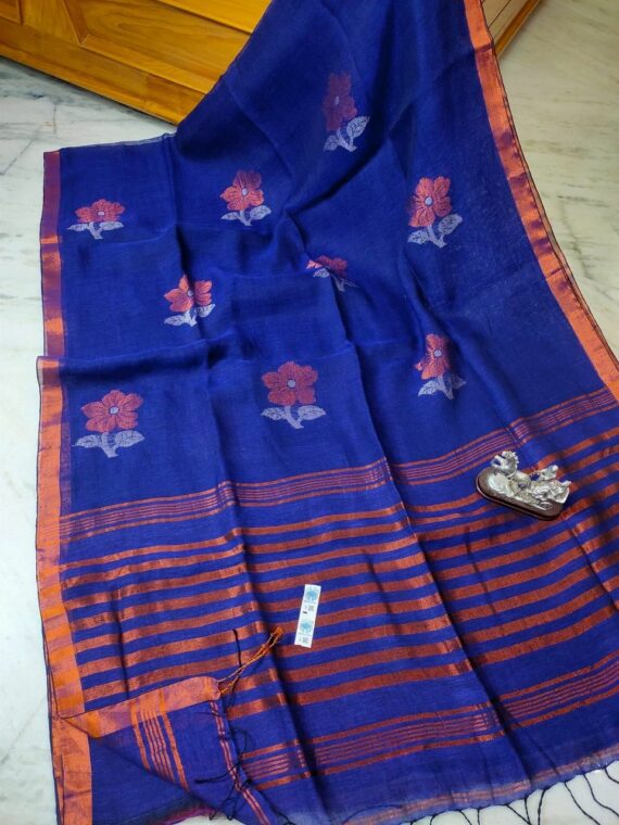 Violet Floral Design Handwoven Linen Saree with Stripped Pallu