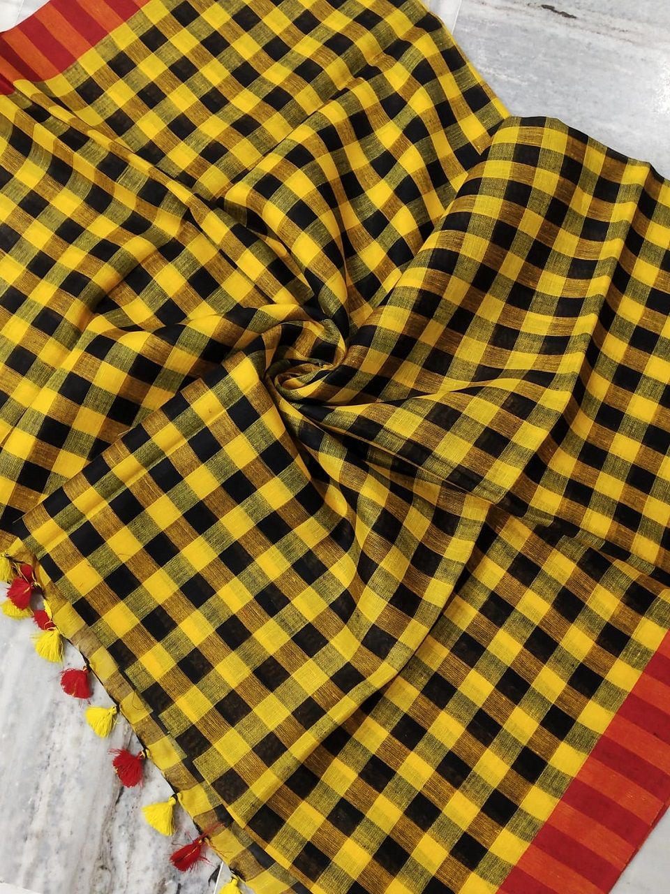 Yellow Black Check Design Linen Saree With Red Borders