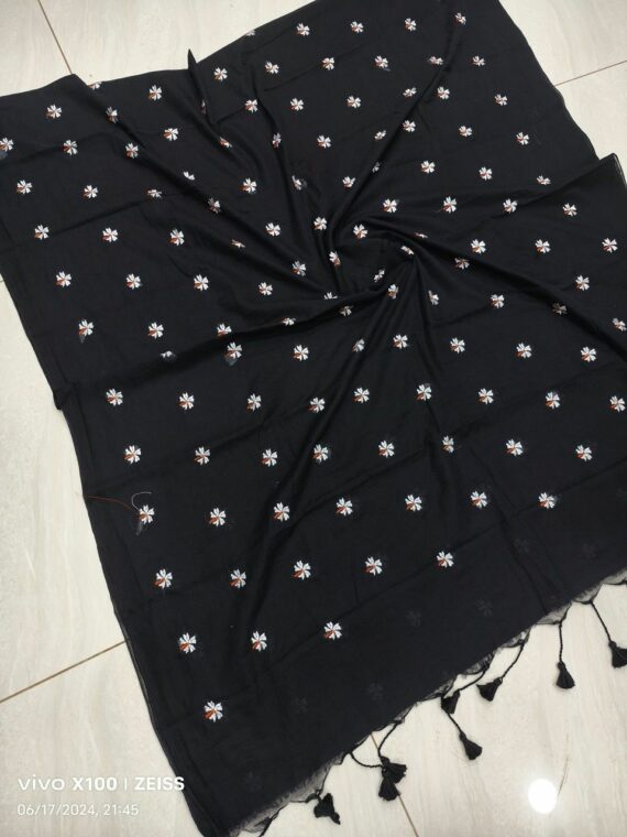 Beautiful Black Mul Cotton Saree With Parijat Flower Embroidery