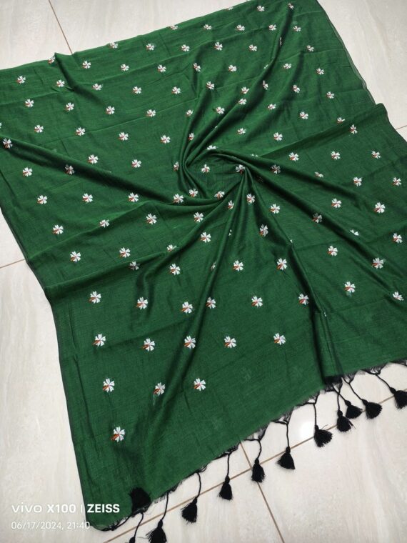 Bottle Green Mul Cotton Saree With Parijat FlowerEmbroidery
