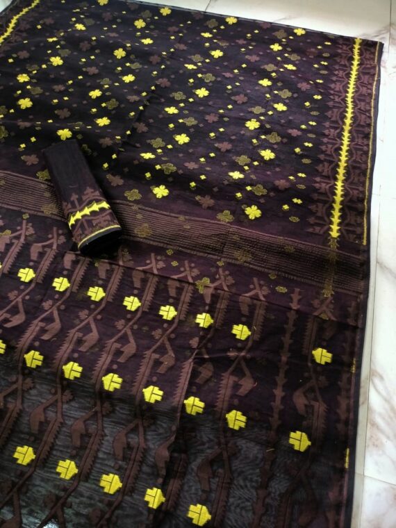 Chocolate Brown Dhakai Jamdani Cotton Silk Saree With Blouse Piece