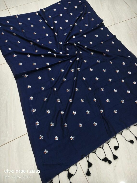 Deep Blue Black Mul Cotton Saree With Parijat Flower Embroidery