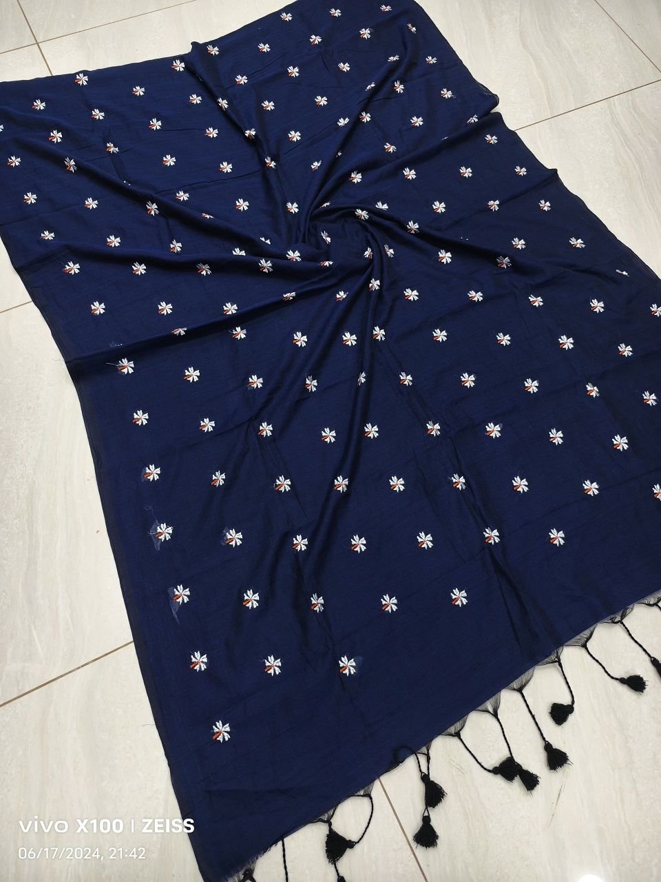 Deep Blue Black Mul Cotton Saree With Parijat Flower Embroidery