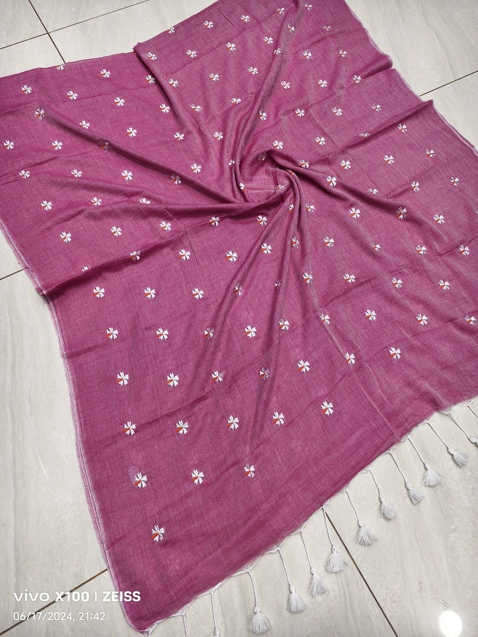 Deep Matte Pink Mul Cotton Saree With Parijat FlowerEmbroidery
