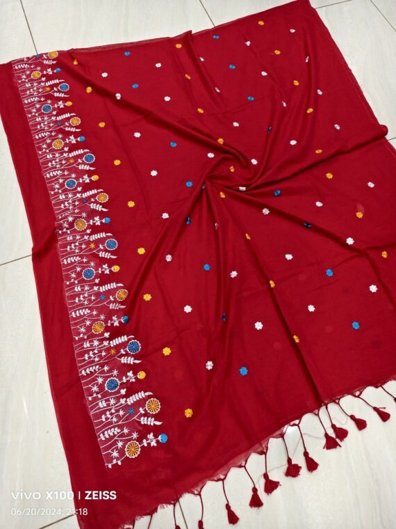 Deep Red Mul Cotton Embroidery Saree Without Blouse