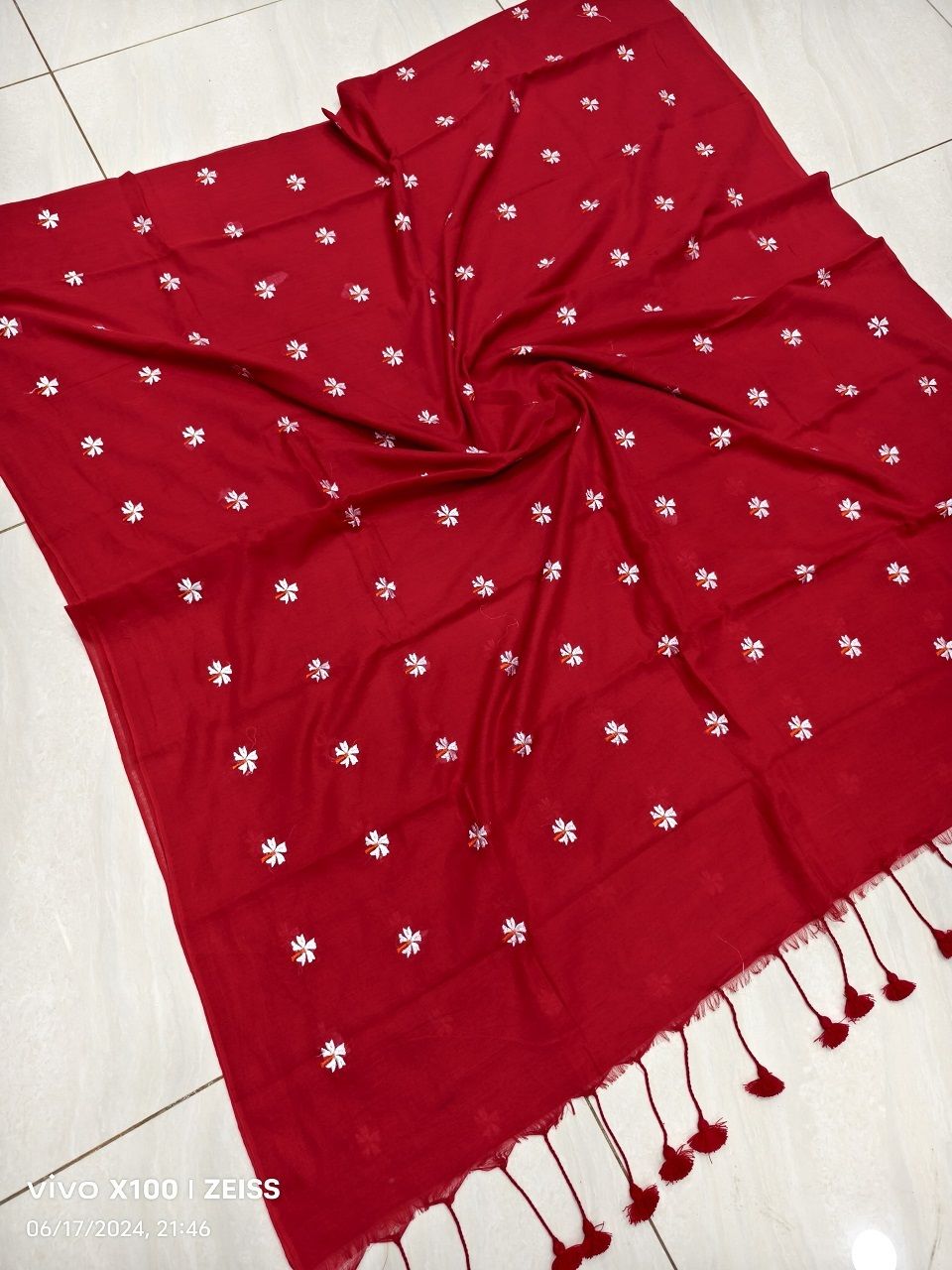 Deep Red Mul Cotton Saree With Parijat Flower Embroidery