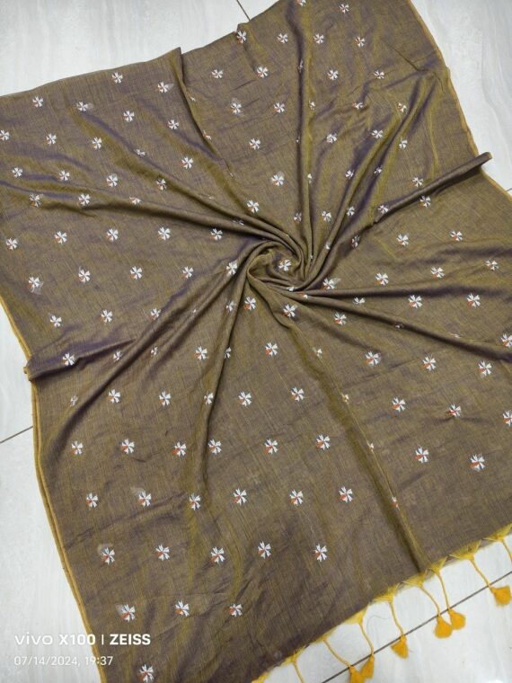 Dual Shade Yellow Black Mul Cotton Saree With Parijat Flower Embroidery