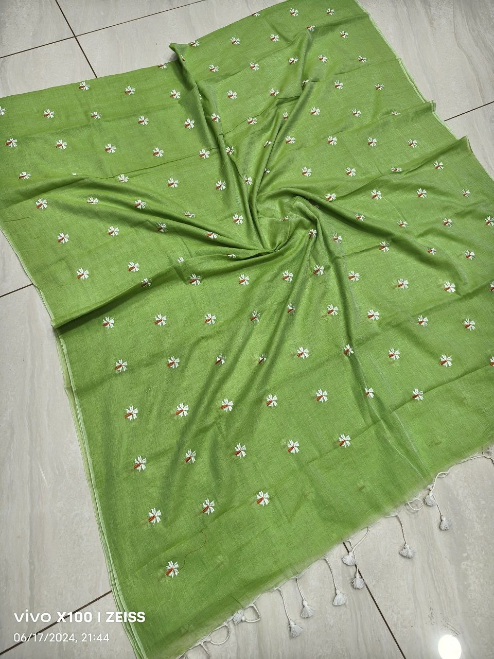 Grass Green Mul Cotton Saree With Parijat Flower Embroidery