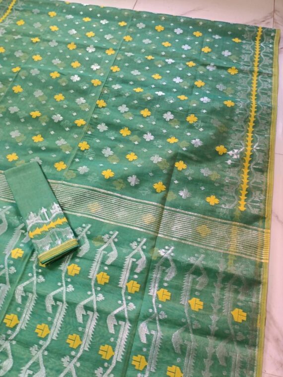 Green Dhakai Jamdani Cotton Silk Saree With Blouse Piece