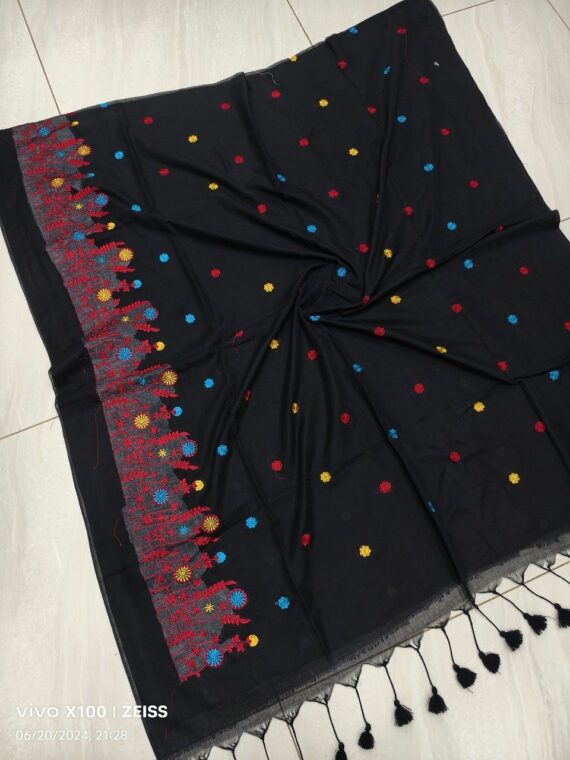 Jet Black Mul Cotton Embroidery Saree Without Blouse