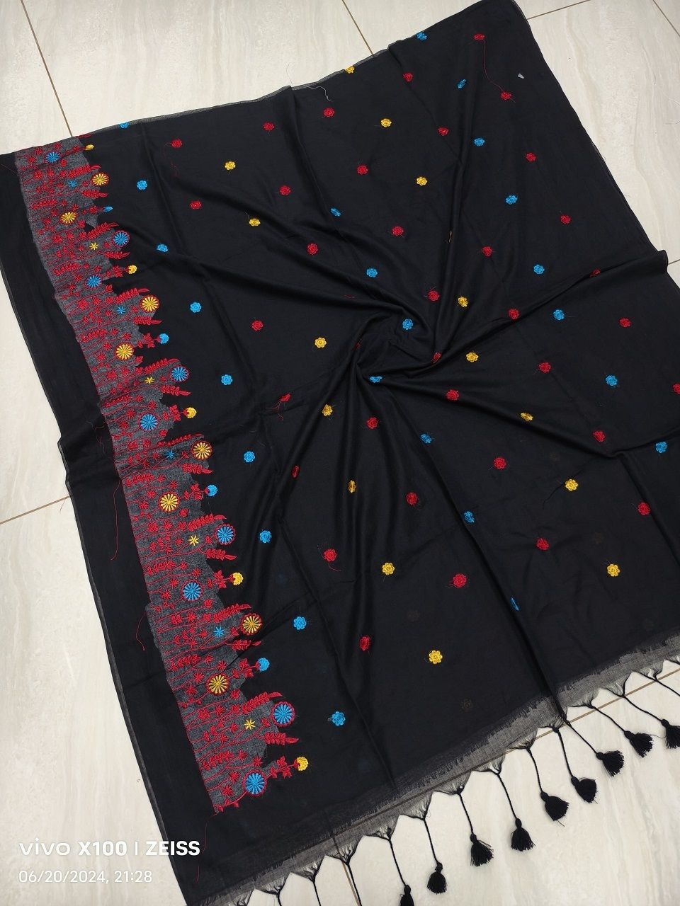 Jet Black Mul Cotton Embroidery Saree Without Blouse