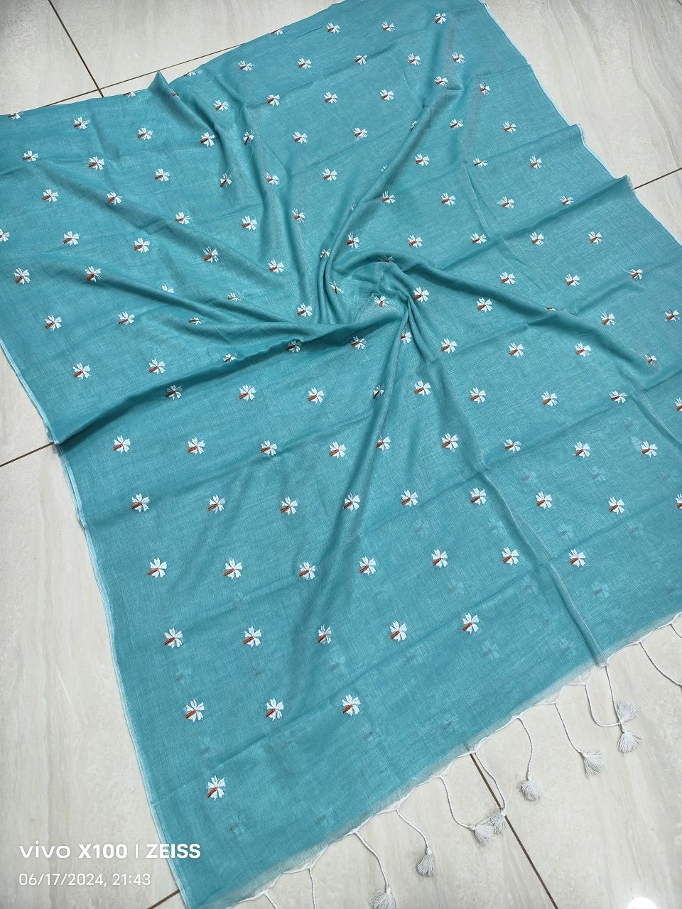 Light Blue Mul Cotton Saree With Parijat Flower Embroidery