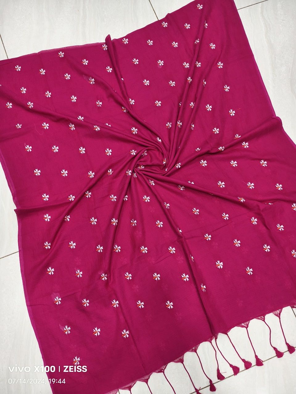Lovely Magenta Mul Cotton Saree With Parijat Flower Embroidery