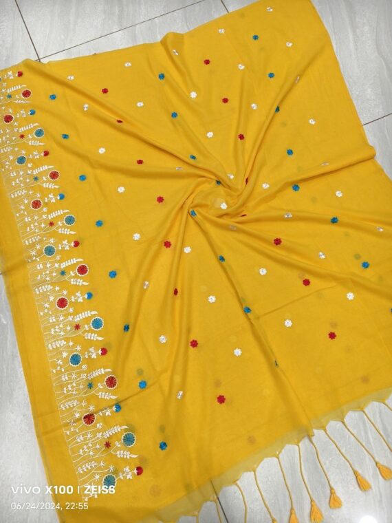 Lovely Yellow Mul Cotton Embroidery Saree Without Blouse