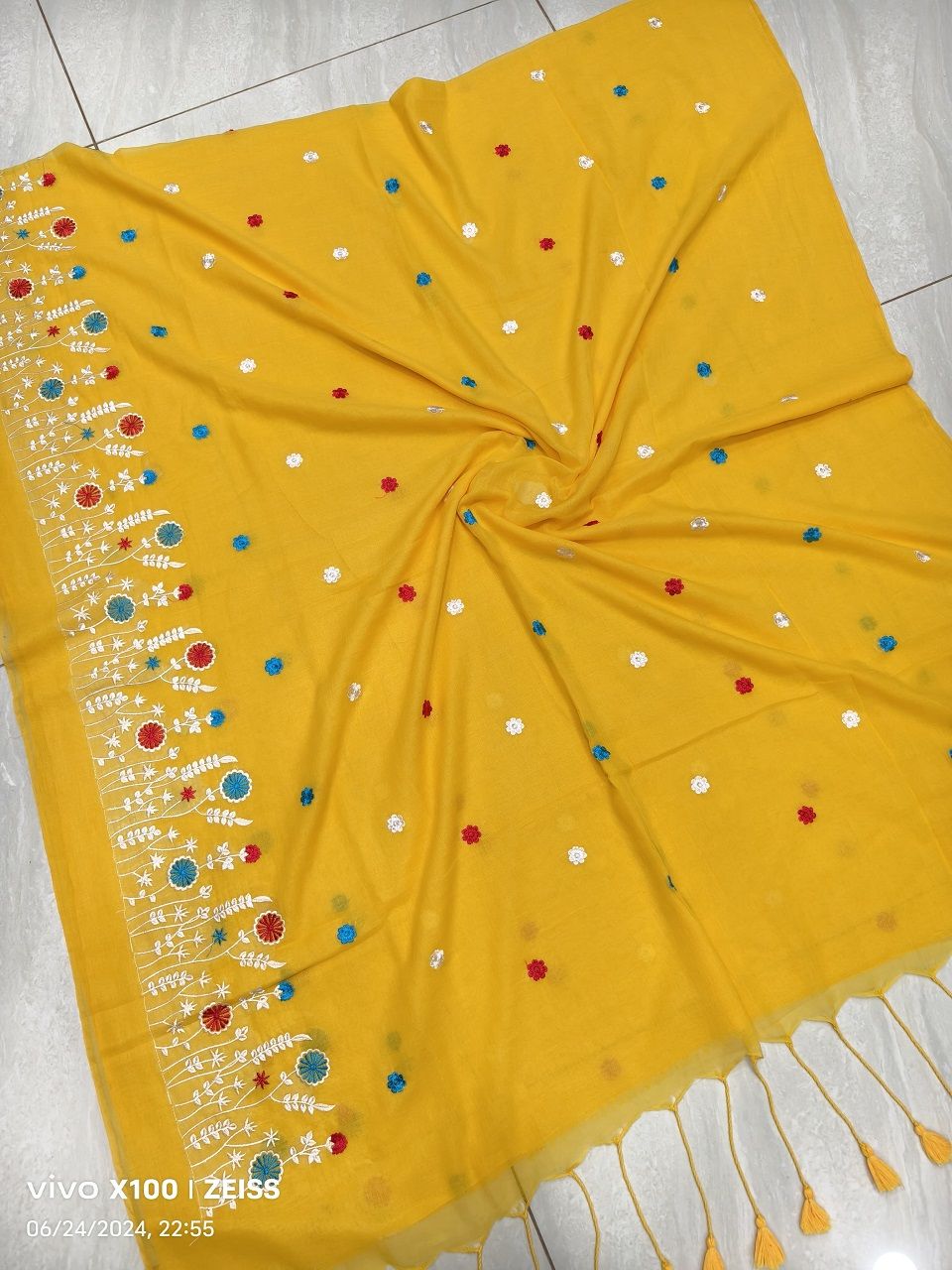 Lovely Yellow Mul Cotton Embroidery Saree Without Blouse