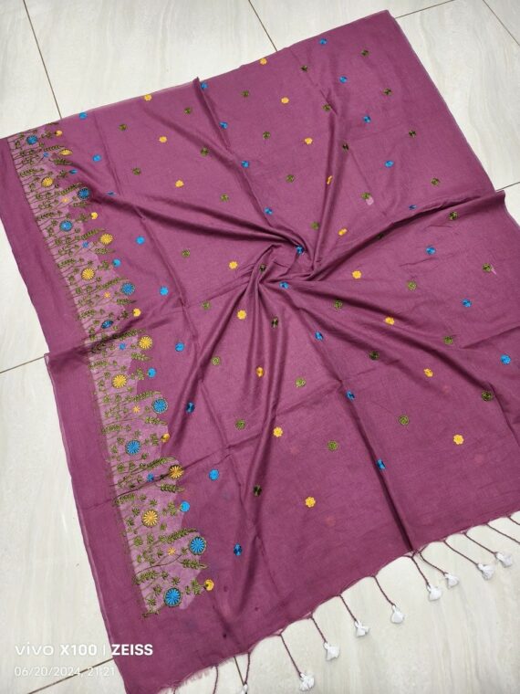 Magenta Mul Cotton Embroidery Saree Without Blouse