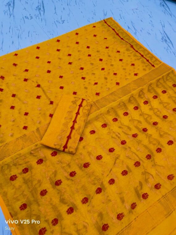 Mango Yellow Dhakai Jamdani Cotton Silk Saree With Blouse Piece