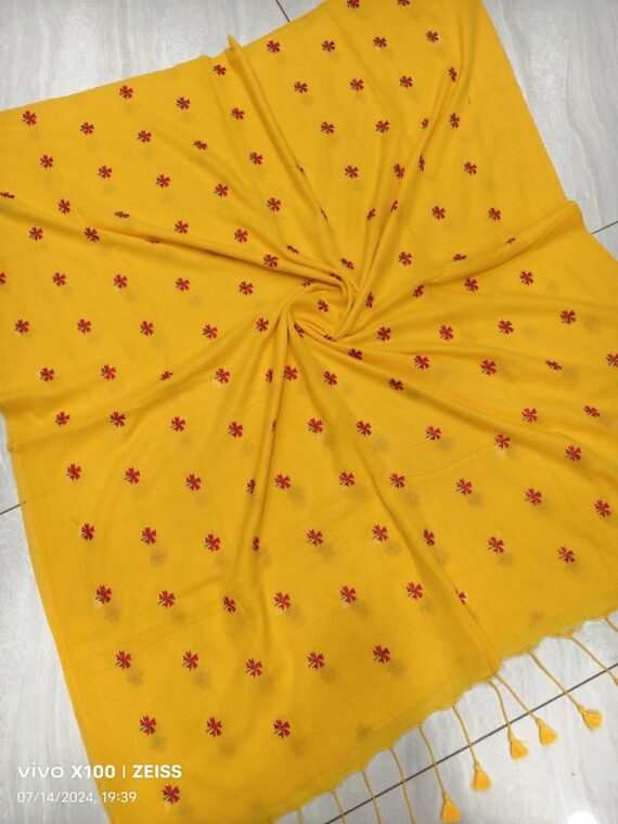 Mango Yellow Mul Cotton Saree With Parijat Flower Embroidery