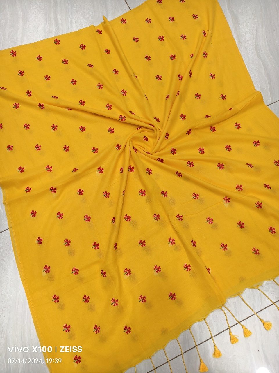 Mango Yellow Mul Cotton Saree With Parijat Flower Embroidery
