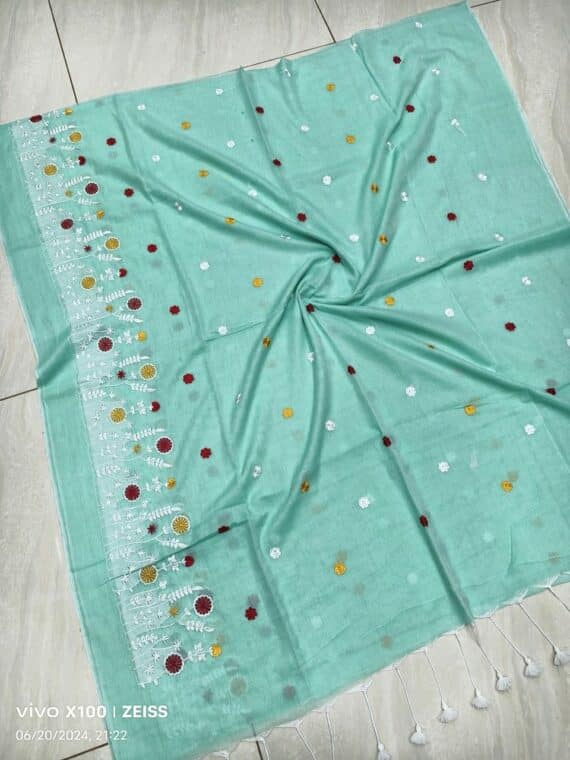 Mint Green Mul Cotton Embroidery Saree Without Blouse
