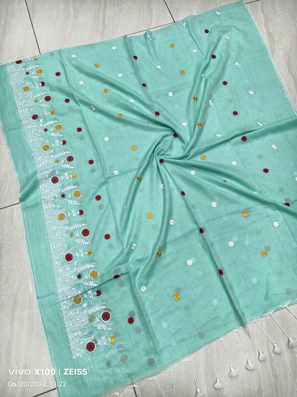 Mint Green Mul Cotton Embroidery Saree Without Blouse