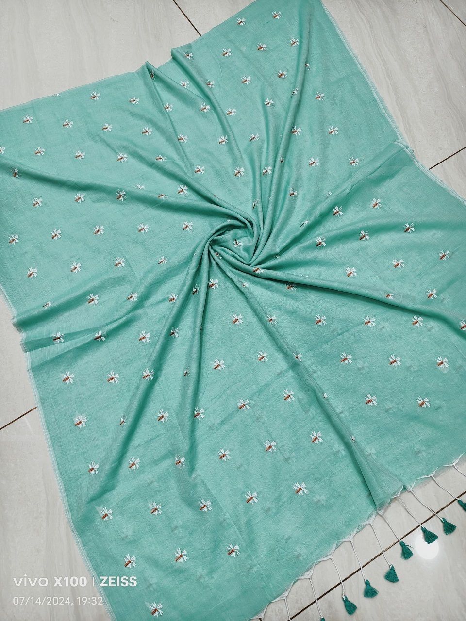 Mint Green Mul Cotton Saree With Parijat Flower Embroidery