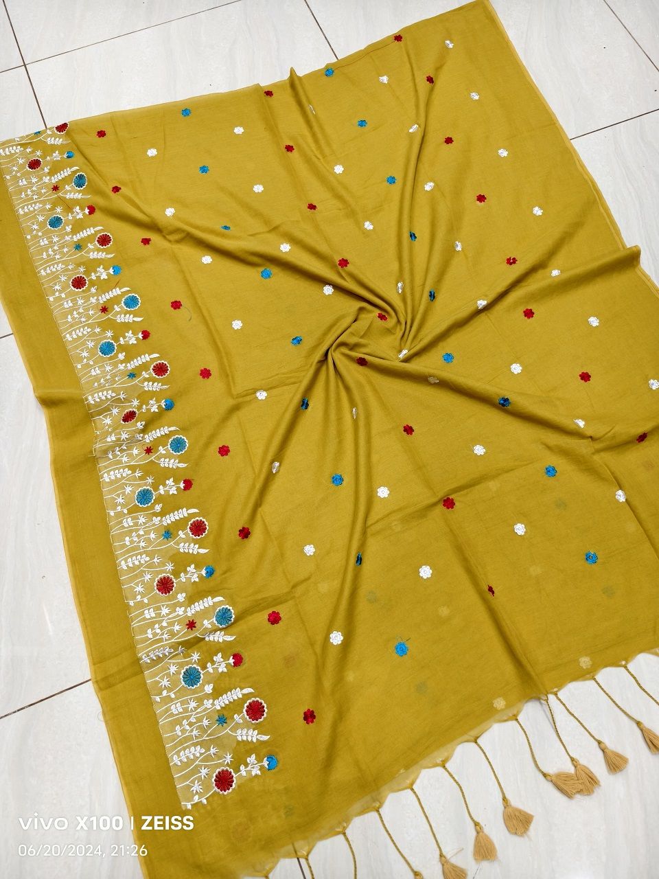 Mustard Yellow Mul Cotton Embroidery Saree Without Blouse