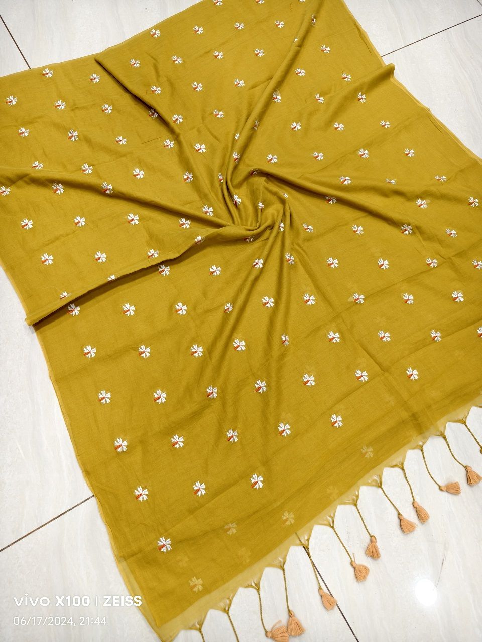 Mustard Yellow Mul Cotton Saree With Parijat Flower Embroidery