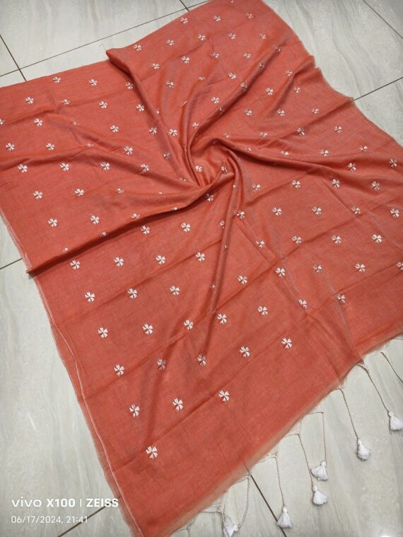 Orange Peach Mul Cotton Saree With Parijat Flower Embroidery