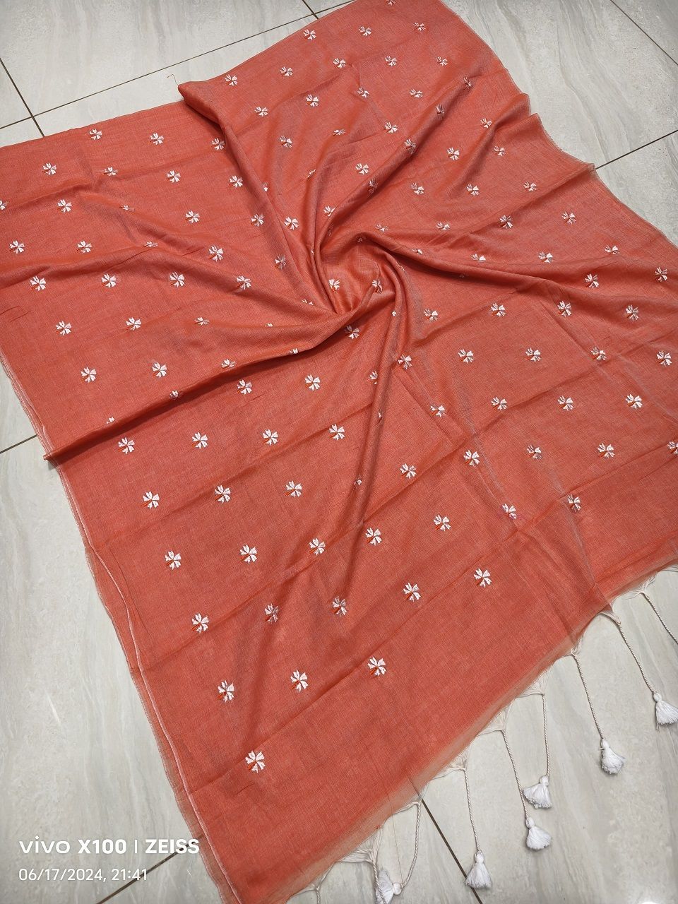 Orange Peach Mul Cotton Saree With Parijat Flower Embroidery