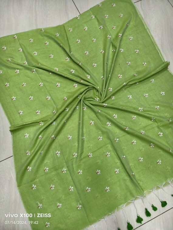 Parrot Green Mul Cotton Saree With Parijat Flower Embroidery