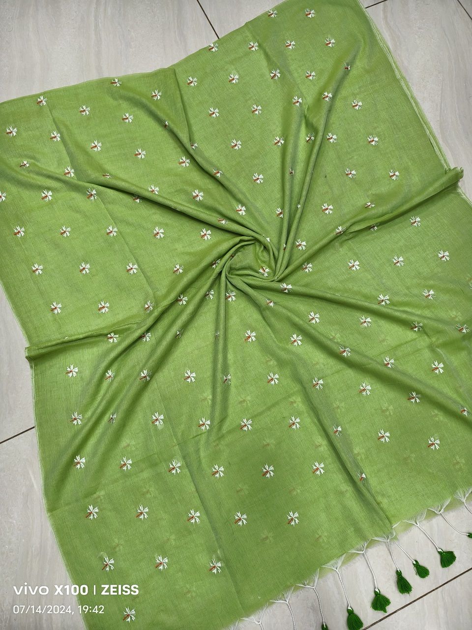 Parrot Green Mul Cotton Saree With Parijat Flower Embroidery