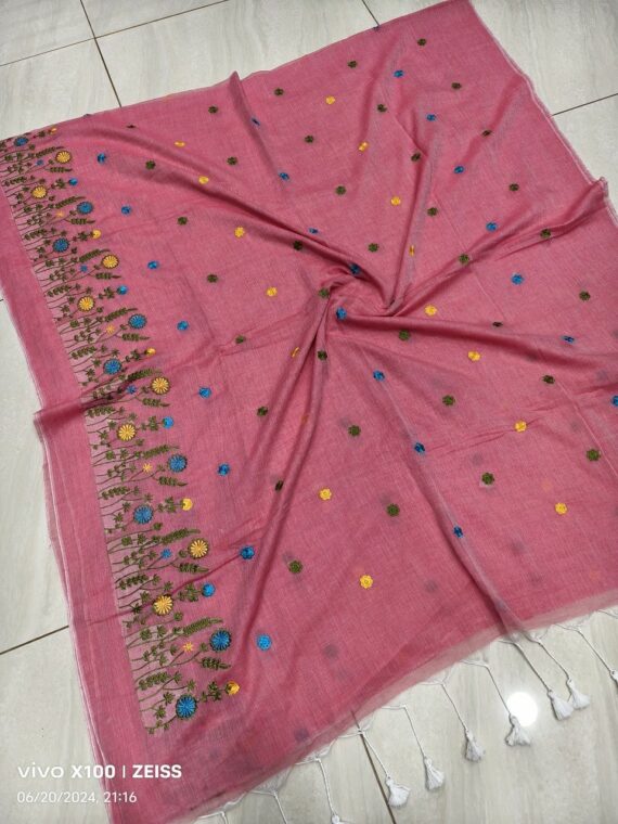 Peach Pink Mul Cotton Embroidery Saree Without Blouse