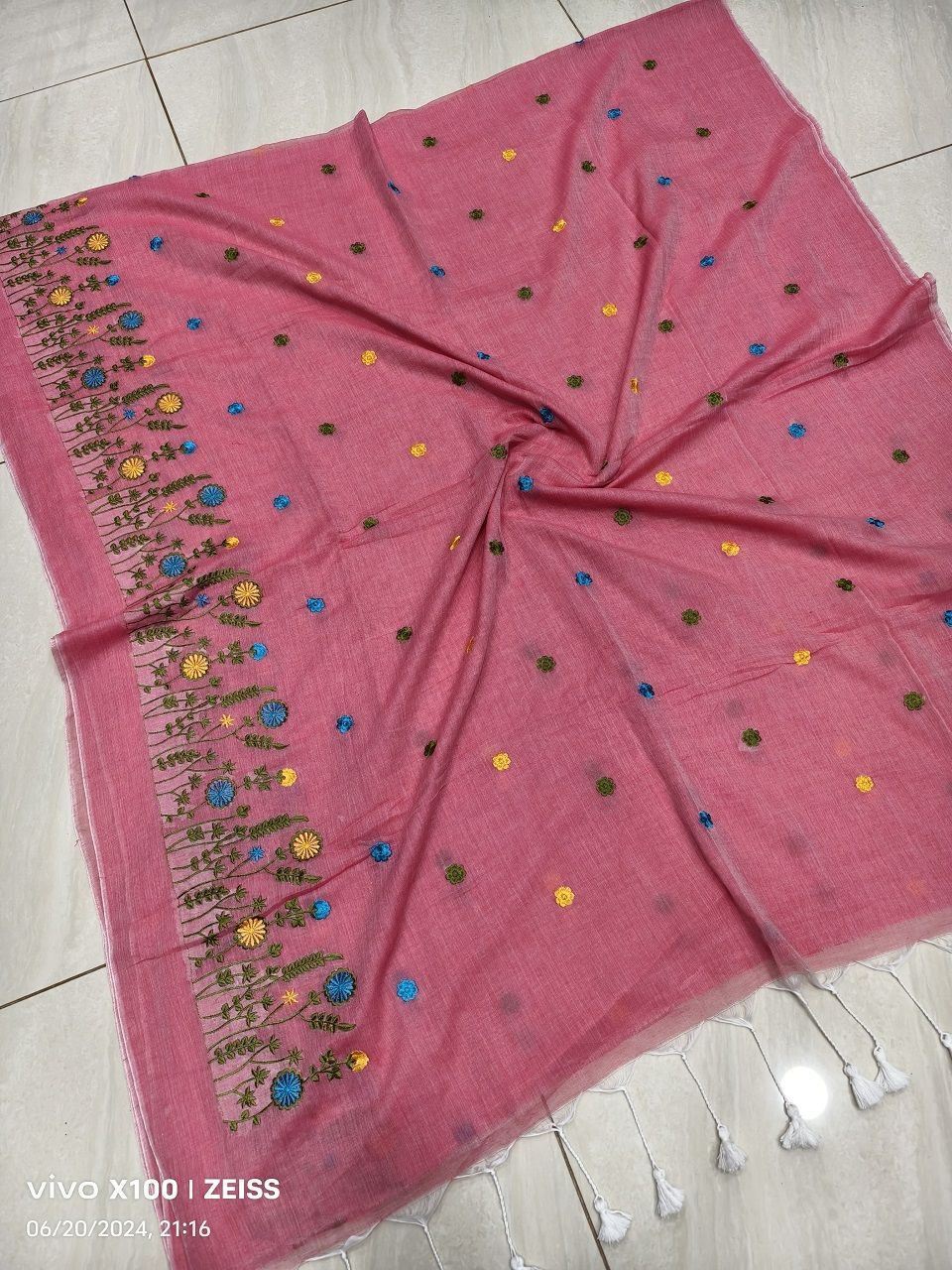 Peach Pink Mul Cotton Embroidery Saree Without Blouse