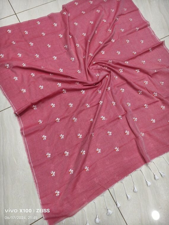 Peach Pink Mul Cotton Saree With Parijat Flower Embroidery