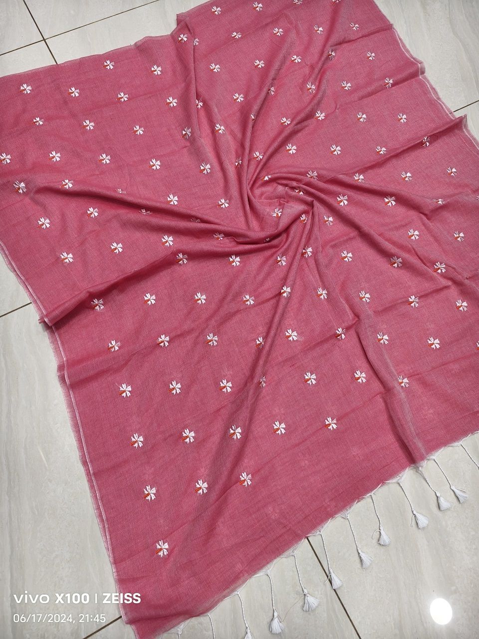 Peach Pink Mul Cotton Saree With Parijat Flower Embroidery