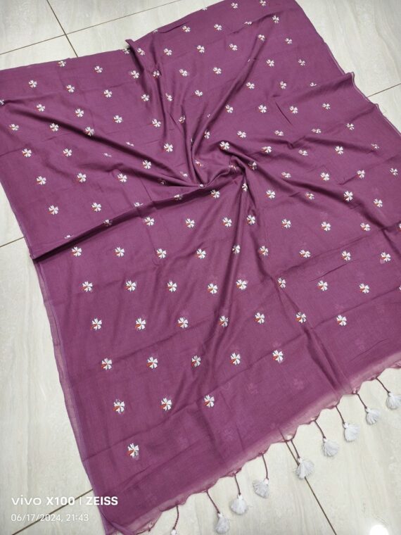 Purple Mul Cotton Saree With Parijat Flower Embroidery
