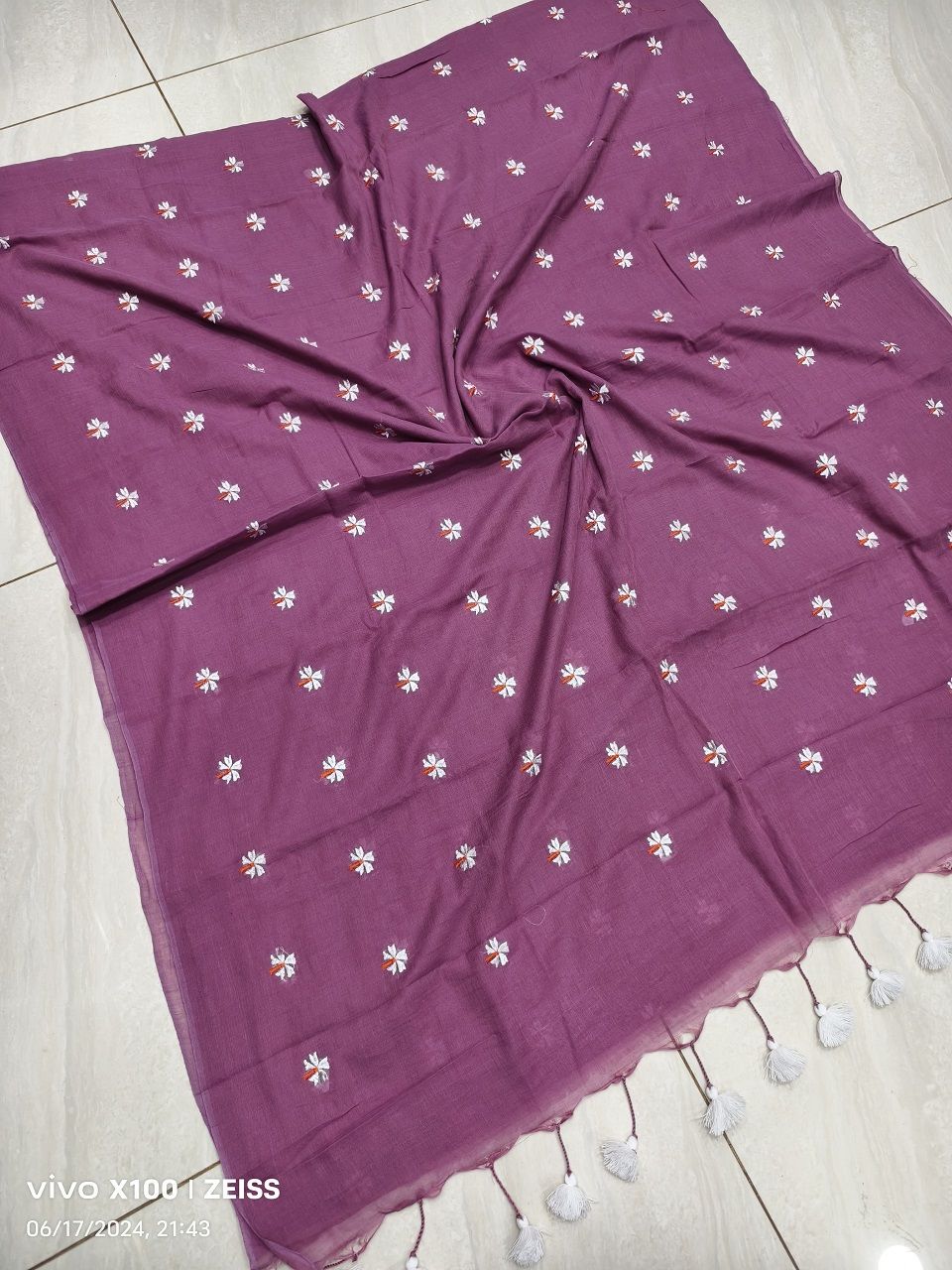 Purple Mul Cotton Saree With Parijat Flower Embroidery