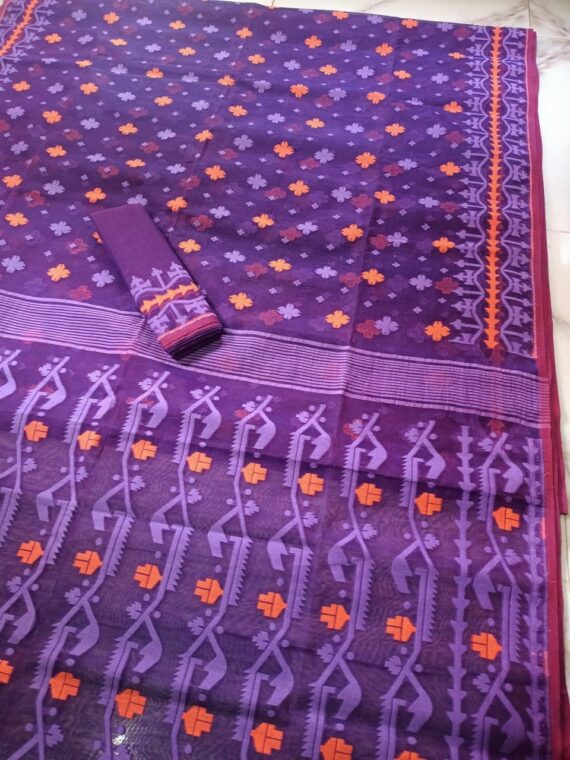 Purple Orange Dhakai Jamdani Cotton Silk Saree With Blouse Piece